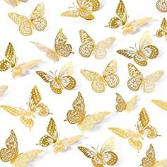 many golden butterflies flying in the air