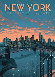 the new york city skyline is shown in this vintage style poster, with an orange and blue sky