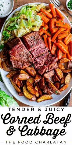 tender and juicy corned beef and cabbage with sweet potato wedges on the side