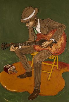 a painting of a man playing the guitar