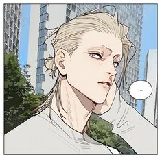 an anime character with blonde hair and blue eyes looks at the camera while standing in front of tall buildings