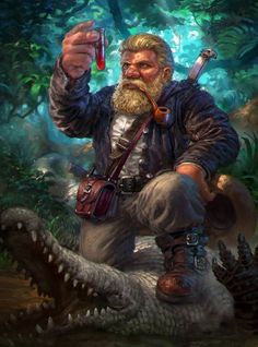 a painting of a man with a pipe in his hand and an alligator next to him