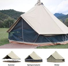 four tents with different styles and colors are shown in the image, including one for adults and one for children