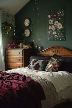 romantic bedroom, dark bedroom, moody bedroom, feminine bedroom Bedrooms With Colorful Bedding, Moody Bedroom Burgundy, Room Color Inspo Bedroom, Dark Wall Room Ideas, Cranberry Bedroom Ideas, Navy Blue And Burgundy Bedroom Ideas, Unique Room Colors, Mixed Color Furniture In Bedroom, Olive Green And Burgundy Bedroom