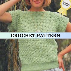 a woman wearing a green knitted top with the words crochet pattern on it