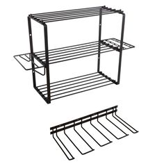 two metal shelves with hooks on each side and one shelf above the other for storage