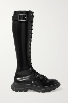 Alexander McQueen's combat-inspired boots go with everything from romantic dresses to coats and sharp tailoring. This knee-high pair is made from glossed-leather and has chunky rubber soles seemingly borrowed from hiking shoes. The zips prevent having to fuss with the laces and buckles. Masc Fashion, Romantic Dresses, Alexander Mcqueens, Alexander Mcqueen Shoes, Romantic Dress, Boots Knee, Hiking Shoes, Winter Boots, High Boots