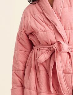 Our softest, most comfortable robe. Reminiscent of your outdoor Puffa, but make it cozy! Main: 100% cotton, Filling: 100% polyester Midi length Wrap front with tie Side pockets Soft and cozy Quilted fabric Our model is a size 4-6 and wears a small in these images. Rose Blush, Quilted Fabric, Blush Roses, Mix N Match, Mix Match, Midi Length, Organic Cotton, Size 4, Long Sleeve