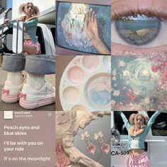 there is a collage of photos with pink and blue colors in the image, including an eye