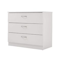 a white dresser with three drawers and two handles