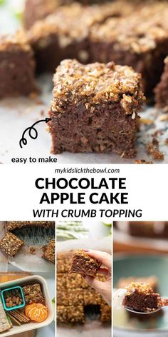 chocolate apple cake with crumb toppings on top and in the background, there is a collage of photos