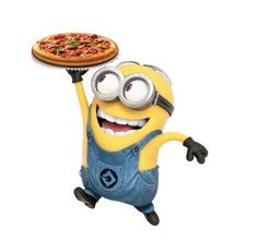 a minion holding a pizza on top of it's head in the air