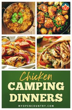 the cover of chicken camping dinners with pictures of different food items and text that reads, chicken