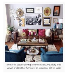 a living room filled with lots of furniture and pictures on the wall above it's coffee table