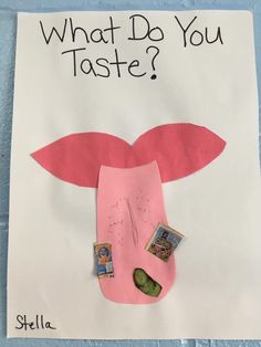 a child's hand made paper craft with the words what do you taste?