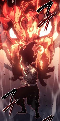 an anime character is holding his head in front of flames