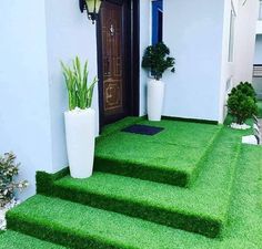 artificial grass in front of a house with steps leading up to the door and potted plants on either side