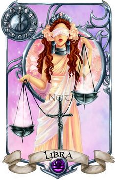 the libra zodiac sign is depicted on a card with an image of a woman holding scales