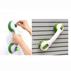 two pictures showing the same hand holding a green and white handle on a wall mounted shower faucet