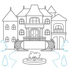 a drawing of a house with a fountain in the front yard