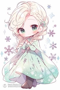 a drawing of a frozen princess with snow flakes