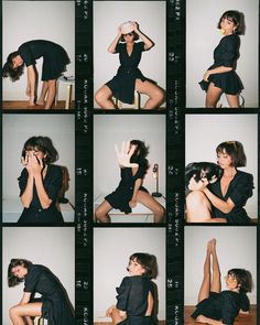 a collage of photos showing the different poses of a woman in a black dress