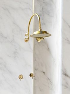 a shower head and hand shower in a bathroom with white marble counter tops, gold fixtures and brass fittings