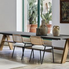 a dining room table with chairs and potted plants