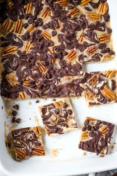 chocolate pecan bars are arranged on a white platter and ready to be eaten