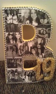 the letter b is made up of photos and beaded with gold glitters on it