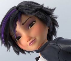 an animated image of a woman with purple hair and black leather jacket looking at the camera