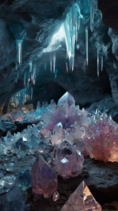 the inside of a cave filled with lots of ice and crystal chunks on the ground