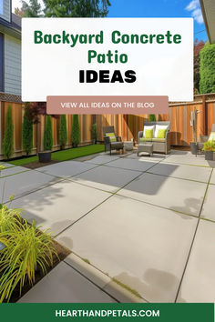 Stylish backyard with a concrete patio featuring a seating area with comfortable chairs and lush greenery, perfect for outdoor relaxation and entertainment. Basic Patio Ideas, Cement Patio Ideas Backyard Modern, Backyard Concrete Designs, Pavers And Brick Patio, Backyard Landscaping Concrete Patio, Small Backyard Cement Patio Ideas, Tan Concrete Patio, Unique Concrete Patio Ideas, Diy Backyard Ideas On A Budget Patio Seating Areas