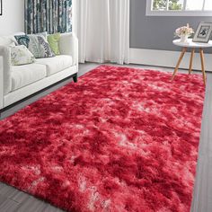 a living room with a white couch and red rugs on the floor in front of a window