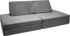 a gray couch with two cushions on it