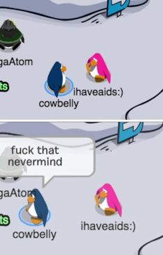 two cartoon penguins are talking to each other and one is saying that they're friends