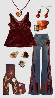 60's Party Outfit, 70s Western Outfits Women, Vintage 70s Aesthetic Outfits, Edgy 70s Outfits, 70s Outfit Inspo Women, 70s Flower Power Outfit, Aesthetic 70s Outfit, 70s Christmas Outfit, 70 Grunge