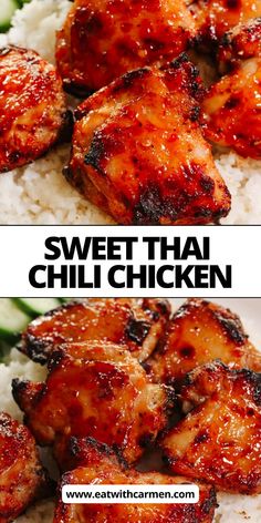 two pictures of chicken and rice with the words sweet thai chilli chicken on top