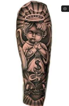 a man's arm with an angel and money tattoo on it