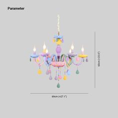 the chandelier is colorful and has five lights on each side, including one light with