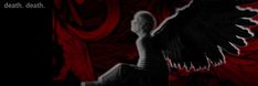 a black and red photo of a woman with an angel wings on her head, sitting in front of curtains