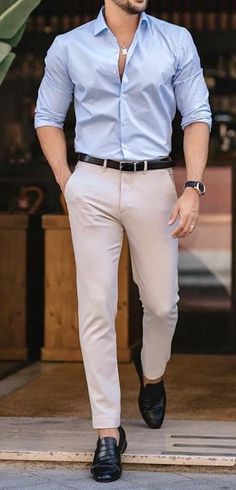 Men Wedding Casual Outfit, Light Blue Dress Shirt Outfit Men, Beige Pants Outfit Men Formal, Dark Blue And Beige Outfit, Light Blue Shirt Outfit Men Casual, Light Beige Pants Outfit, Light Blue Shirt Outfit Men, Beige And Blue Outfit, Beige Pants Outfit Men