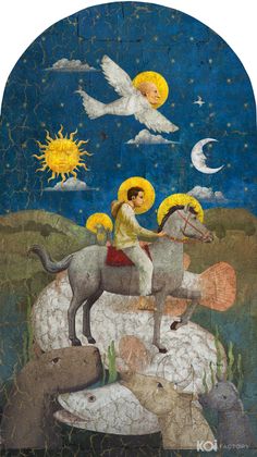 the painting shows an image of jesus riding on a horse with sheep and doves