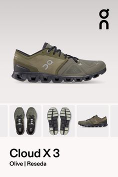 four pairs of shoes with the text cloud x3 olive / riedda on them