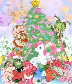 a christmas tree with many ponies around it in front of a rainbow colored background