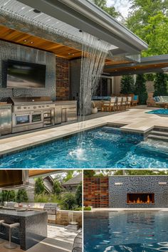 an outdoor kitchen and swimming pool are featured in this collage with images from the outside