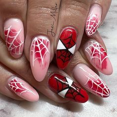 Across The Spiderverse Nails, Short Acrylic Nails Spiderman, Short Nails Spiderman, Spiderman Themed Nails, Nail Designs Spiderman, Nail Inspo Spiderman, Spiderman Nail Designs, Short Spiderman Nails, Batman Nails Acrylic