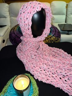 Pink with cream colored flecks chenille knitted winter scarf. Long enough to wrap your head. Handmade Yarn Scarves One Size, Warm Yarn Scarves One Size, One Size Yarn Scarf, Winter Knits, Your Head, Winter Scarf, Cream Color, Scarf Wrap, Scarf Accessory