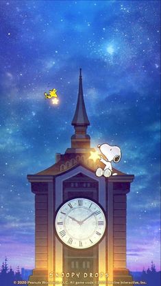 a clock tower with a cartoon character sitting on it's top and stars in the sky above