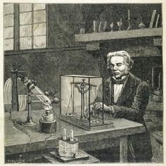 an old drawing of a man in a lab looking at something on a table with microscopes and flasks